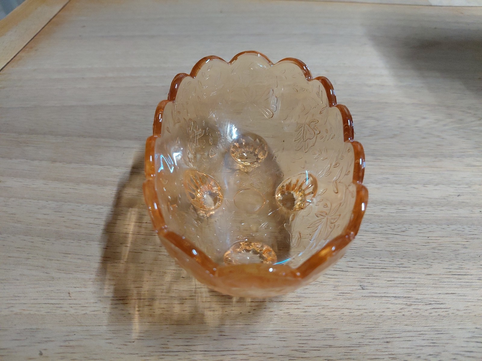 Vtg Amber Peach Luster Footed Candy Trinket Dish, Embossed Floral