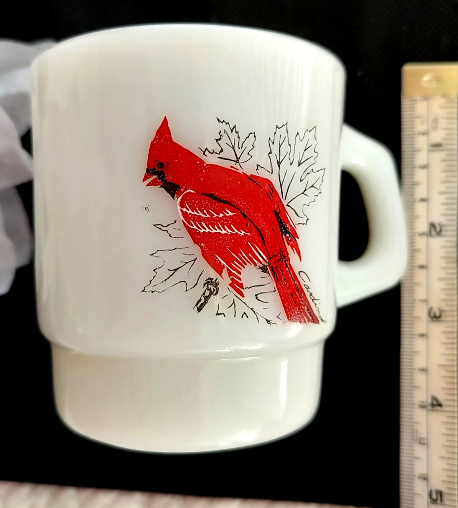 Cardimal Birds Fire King Mug EASTER Anchor Hocking Milk Glass Vtg Coffee Tea Cup
