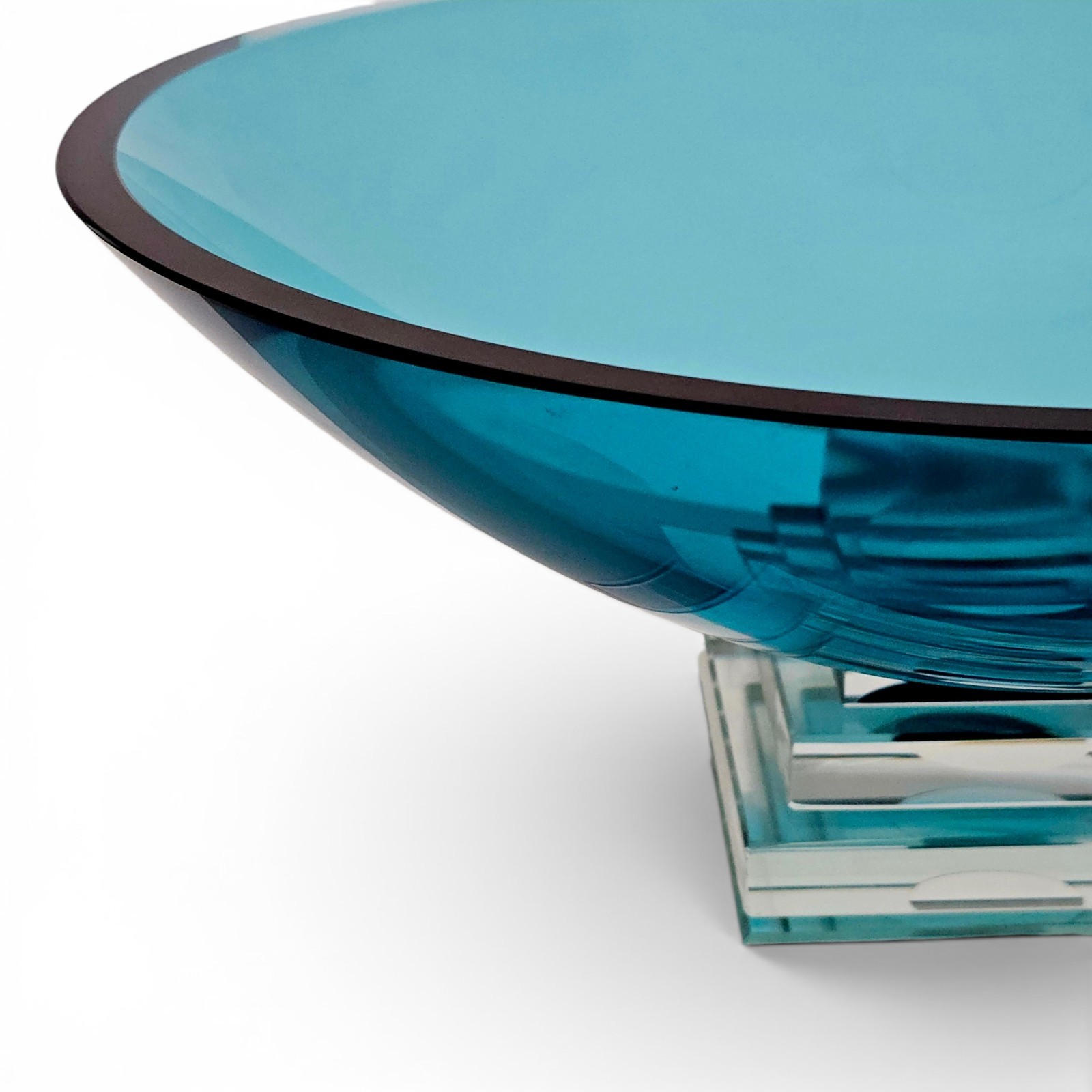 Stephen Schlanser Eclipse Bowl Signed 1992 Aqua Art Glass Centerpiece 16″ Mint