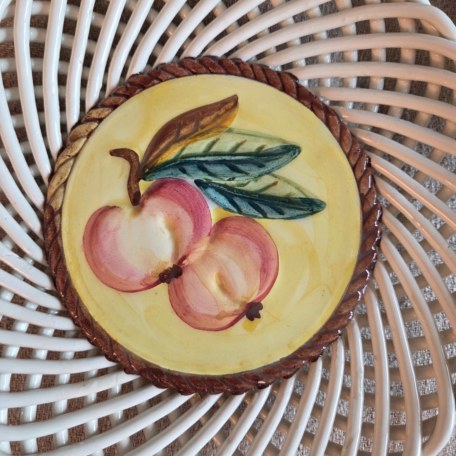 Set of 2 Vintage Ceramic Fruit Lattice Painted Wall Plates Spanish Art 3D