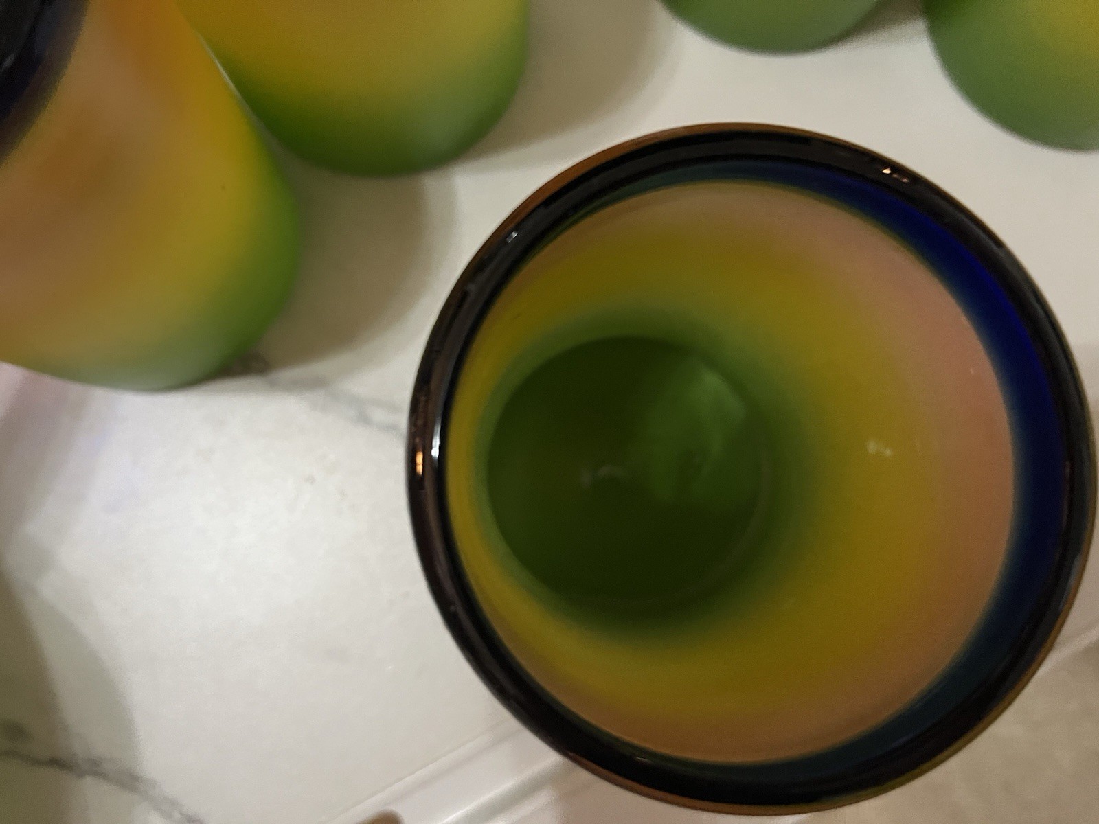 Hand Blown Orange Yellow Green Cobalt Blue trim 6 Tumblers & Pitcher