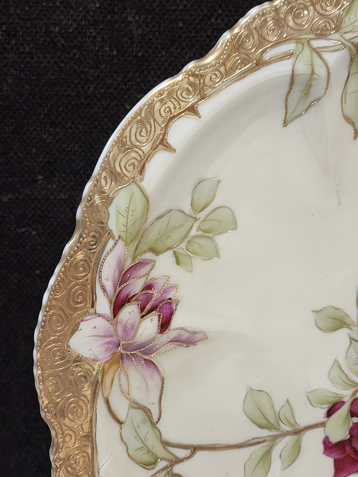 Antique Nippon 12.5” Wall Plate Charger Hand Painted Purple Floral Flowers Gold