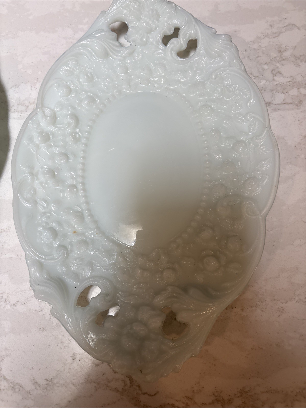 Antique Milk Glass Oval Rococo Pierced Relief Dish Set Jenny Lind