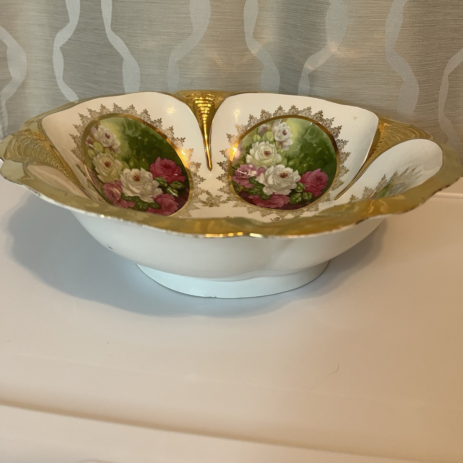 Vintage IPF Germany Porcelain Bowl Pink White Roses