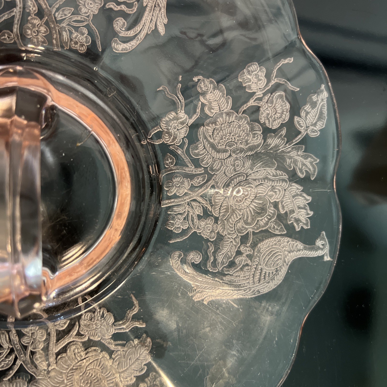 Paden City Peacock & Wild Rose Pink Glass #300 Center Handle Tray 10 3/8″