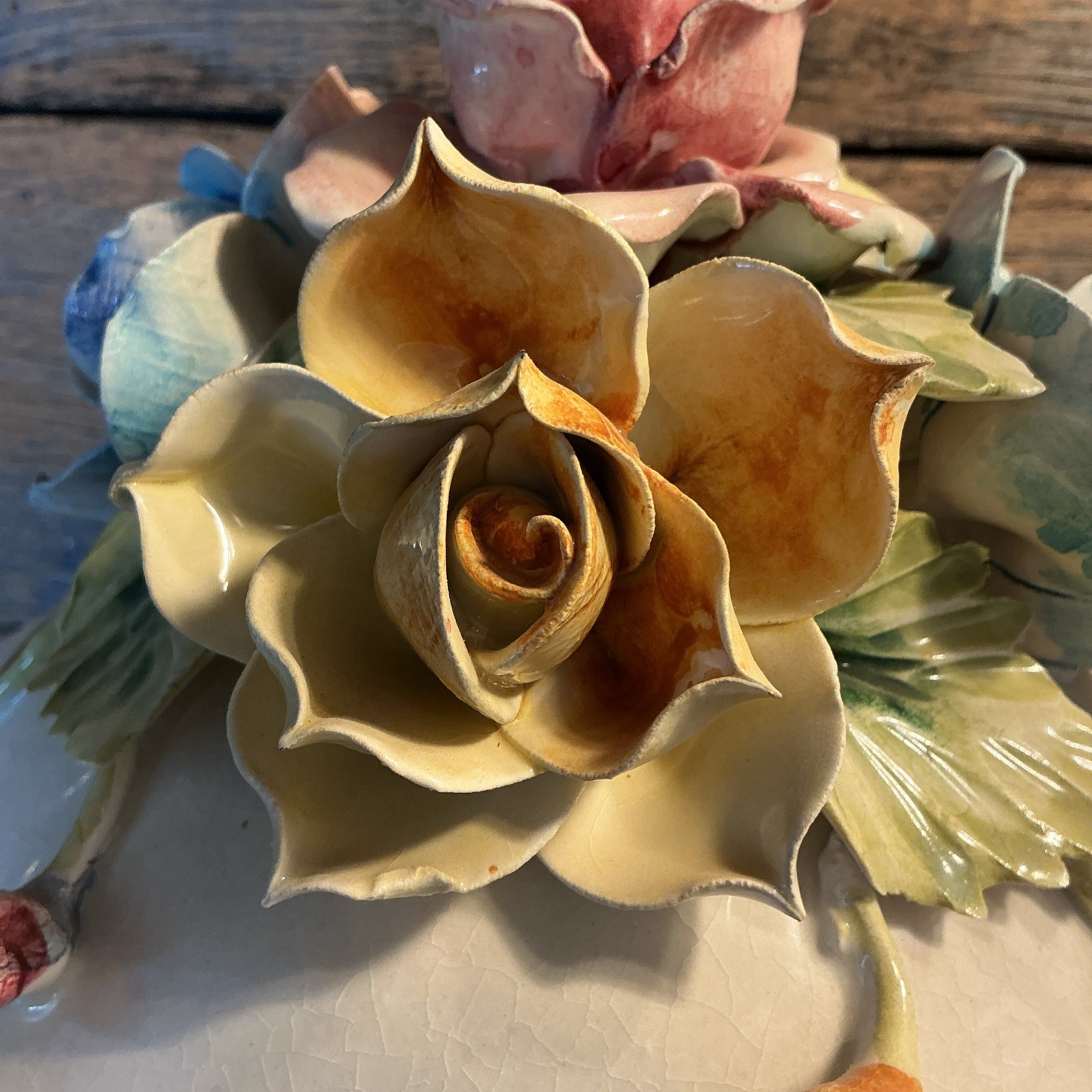 Vintage Italian Ceramic Centerpiece Bowl Capodimonte Style Floral 12” Crown N