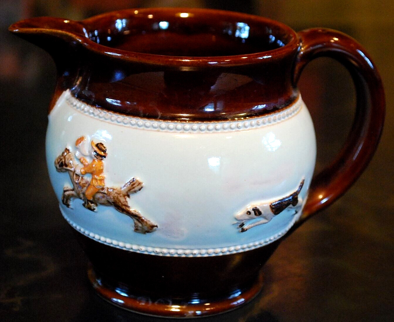 Vtg 1930’S BOURNE DENBY DERBY POTTERY FOX HUNT Creamer/Pitcher England 4″ Glazed