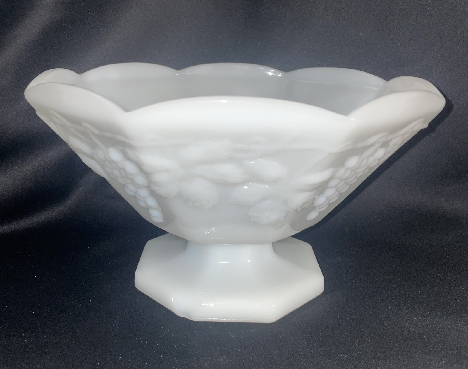 Milk Glass Grapes and Leaves Footed Pedestal Fruit Bowl Octagon 9 1/2 Inches