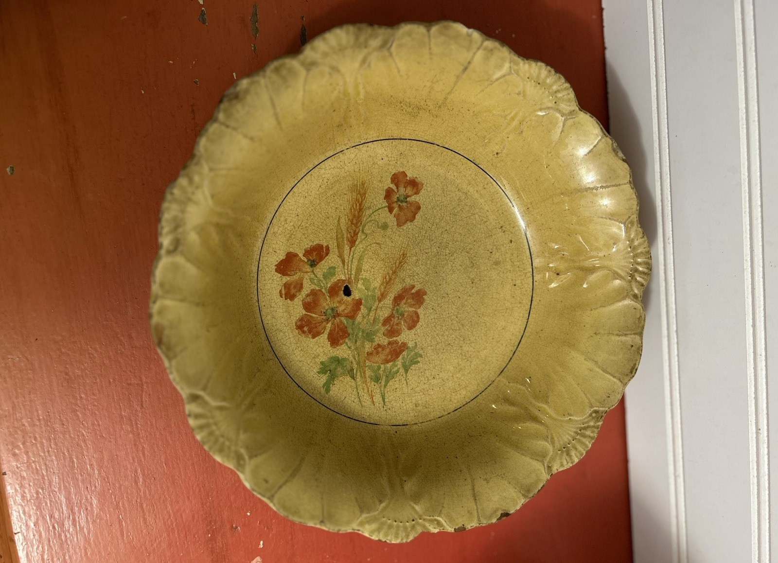 Antique Vintage Serving BOWL Heavily Stained & Crazed Toasty Floral Queen Wheat