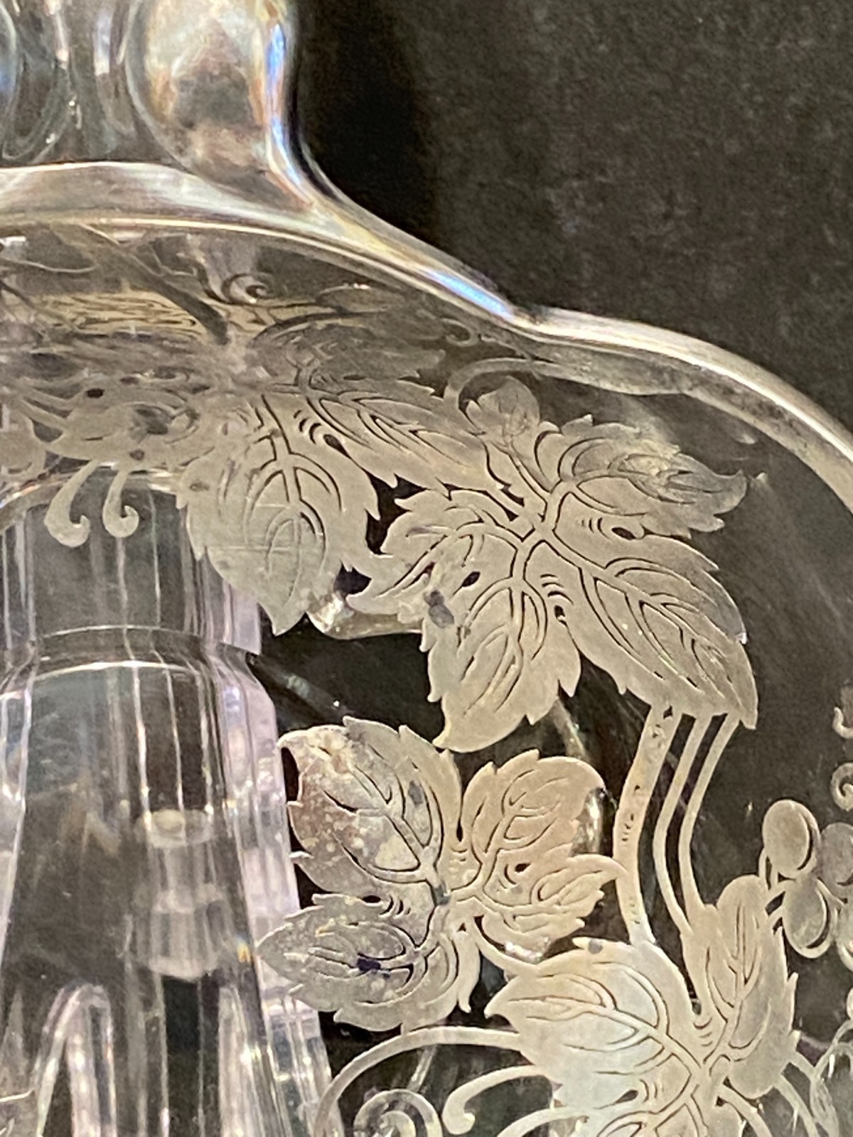 Vintage Silver Overlay Glass Candy Nut Dish Grape Vines Leaves Grapes