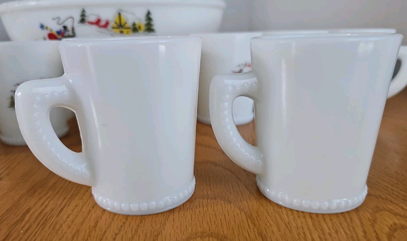 Vintage Tom & Jerry Milk Glass Beaded Punch Bowl & 11 Cups Sleigh Horses