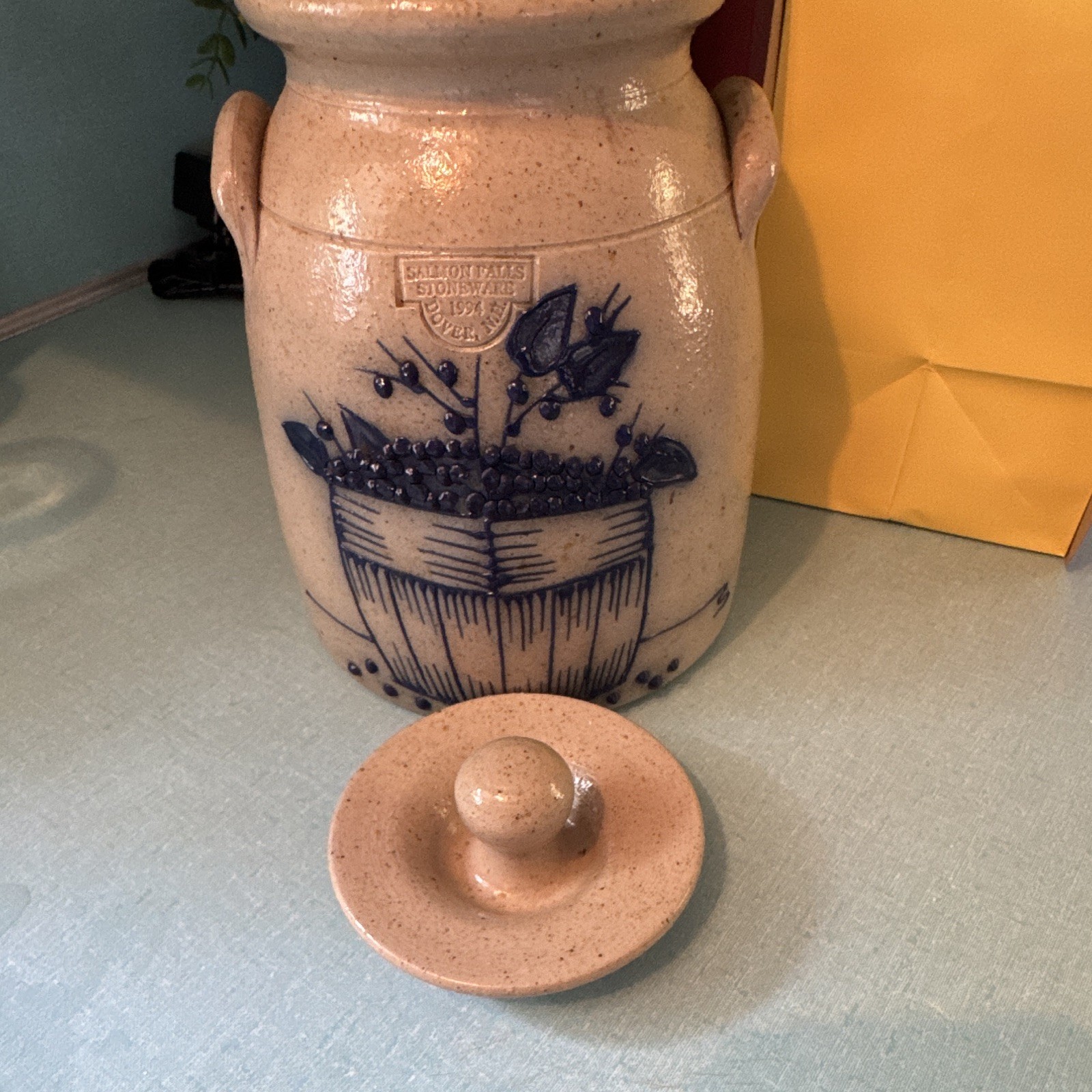 Salmon Falls Stoneware 1994 Blue Basket Berry Stoneware Jar w/ Lid Handles