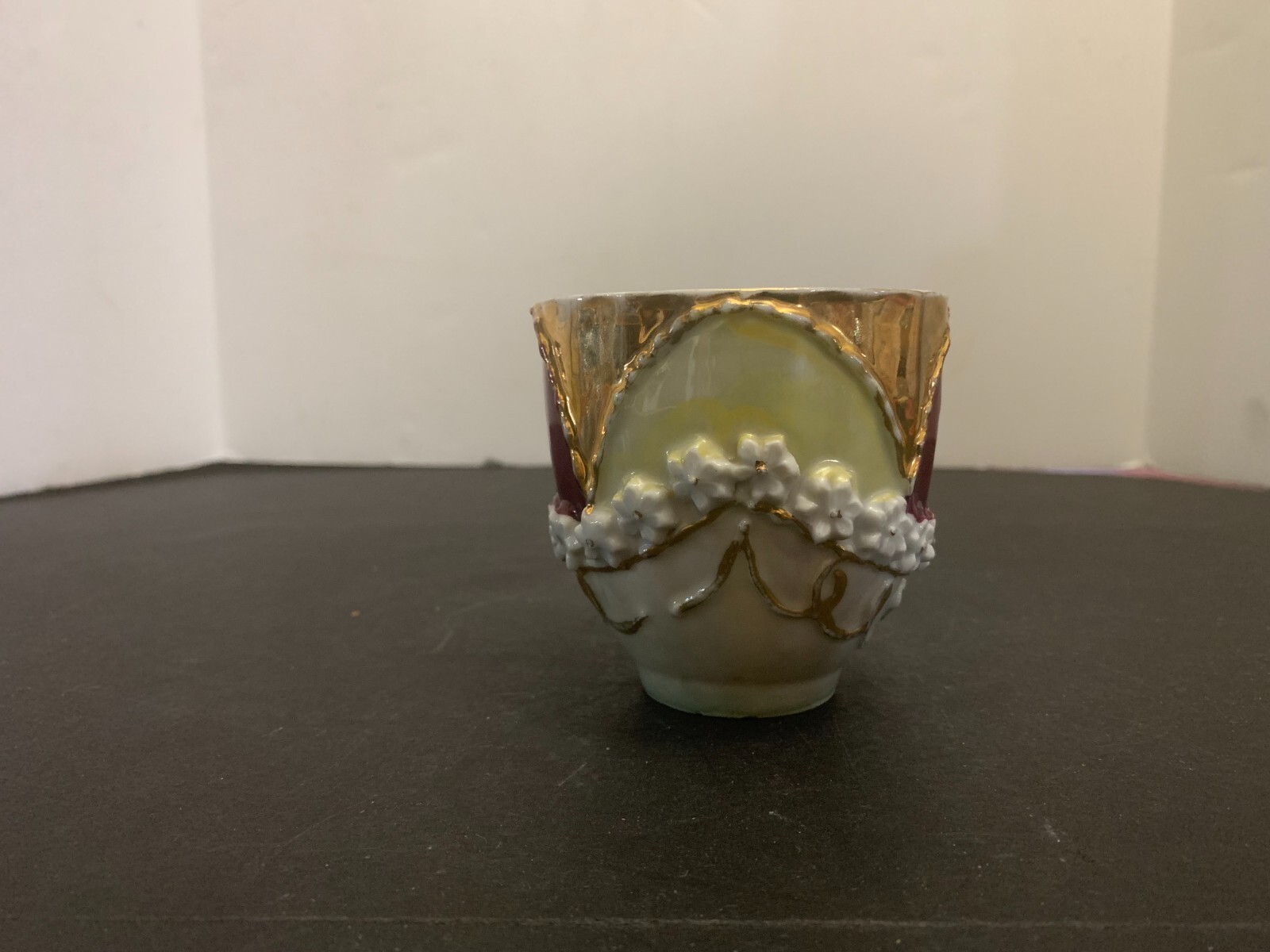 Antique Victorian Aesthetic Period Ornate Flower Garland Relief Lusterware Cup