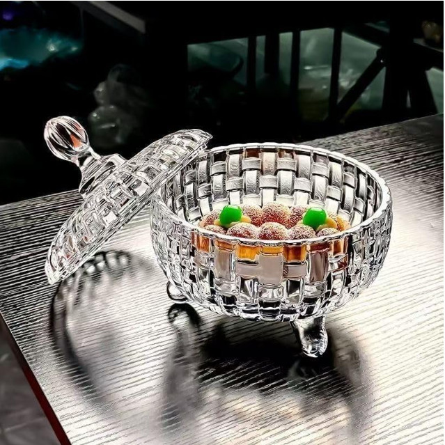 Candy Jar with Lid Crystal Candy Dish Bowl Weave Design Glass Sugar Storagefor W