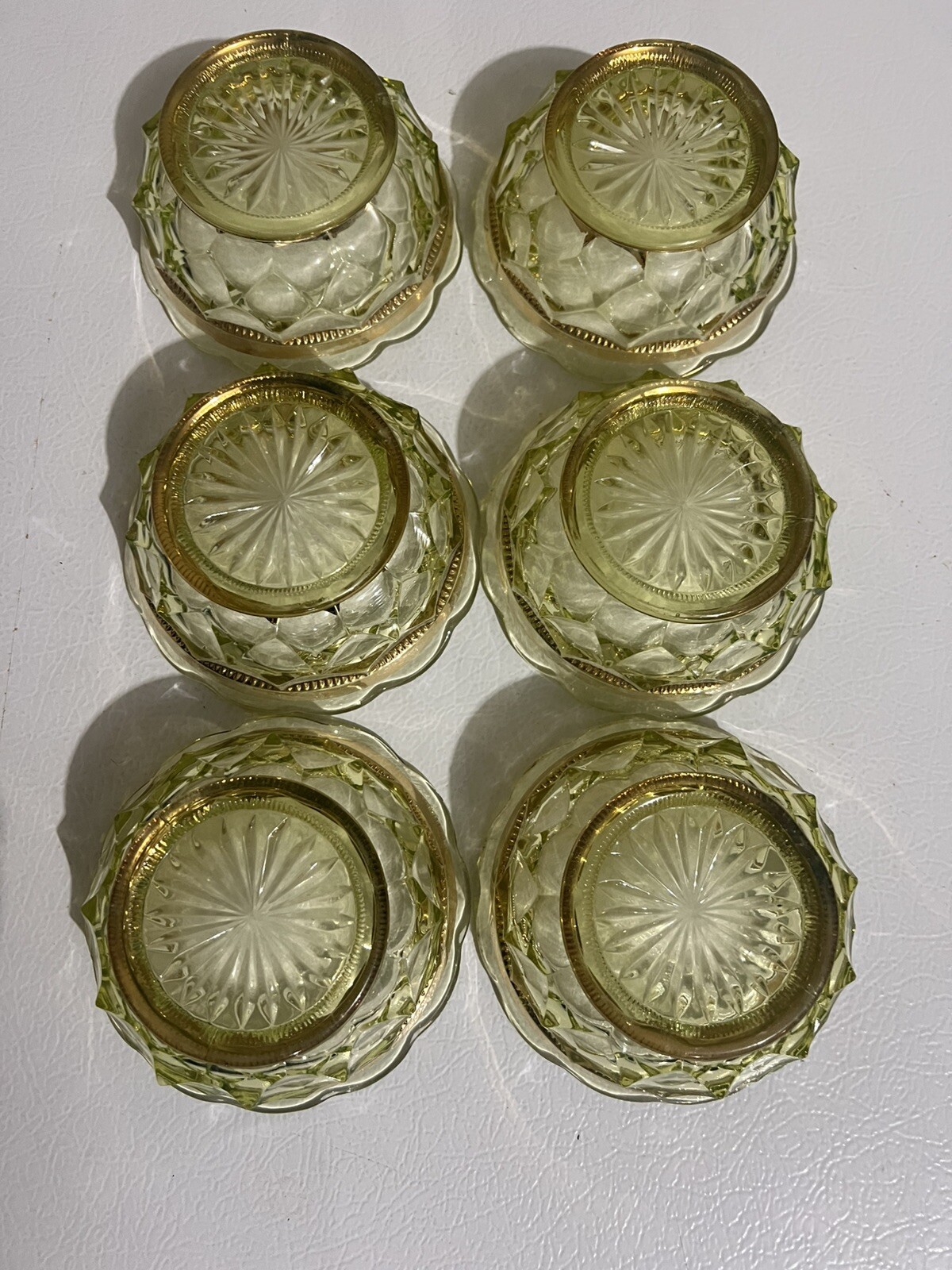 Antique Beaumont Glass Co #100 Columbia Vaseline UV Glass Berry Bowls Gold Trim
