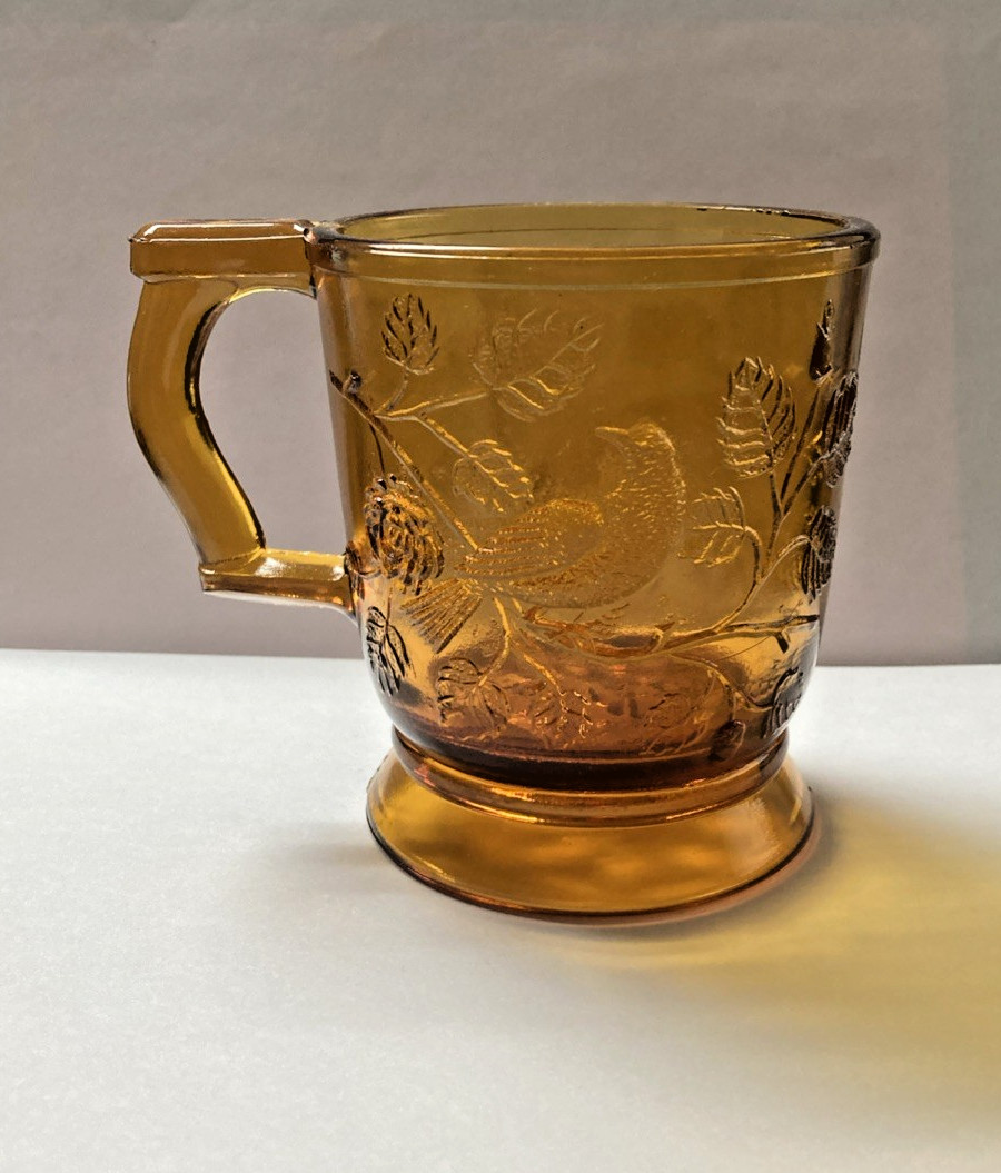 c 1880’s Amber mug No. 1203 “Robin in Tree” by Bryce Brothers