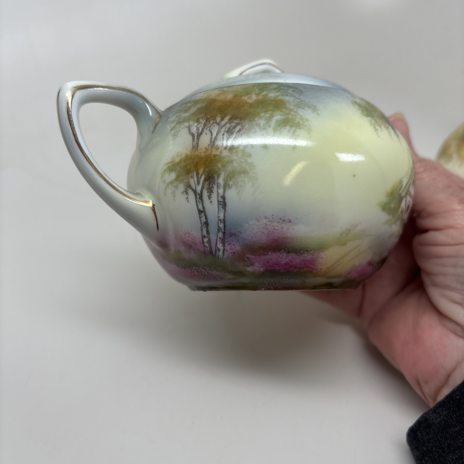 Antique RS Prussia Rare Sugar Creamer Cottage Barn Motif