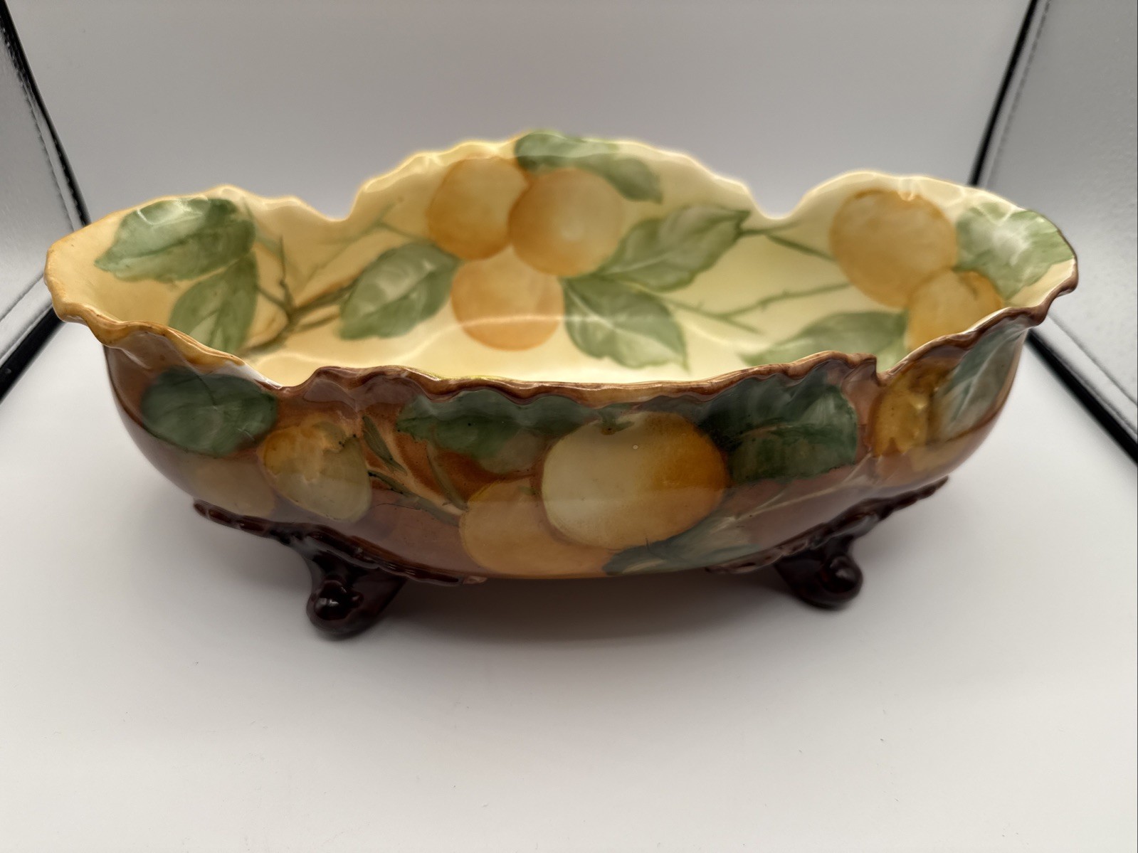 VTG Majolica painted ceramic footed centerpiece bowl with vibrant fruit and Leaf