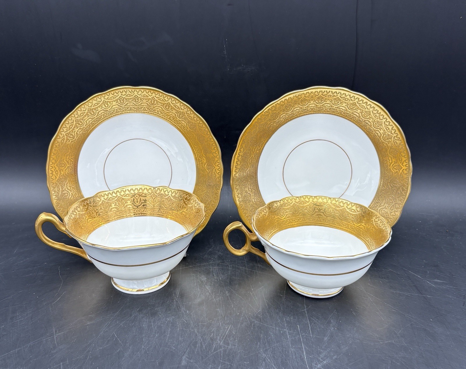 2 Heavy Gold Crown Sutherland Cups & Saucers Imported for C. Reizenstein & Sons