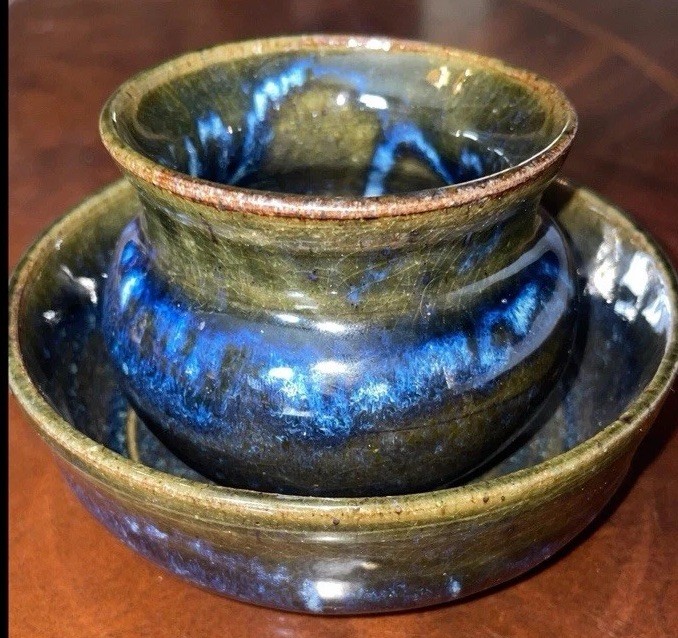 2 Pc Signed Studio Pottery Planter / Saucer Moody Blue Drip Ceramic Hand Thrown
