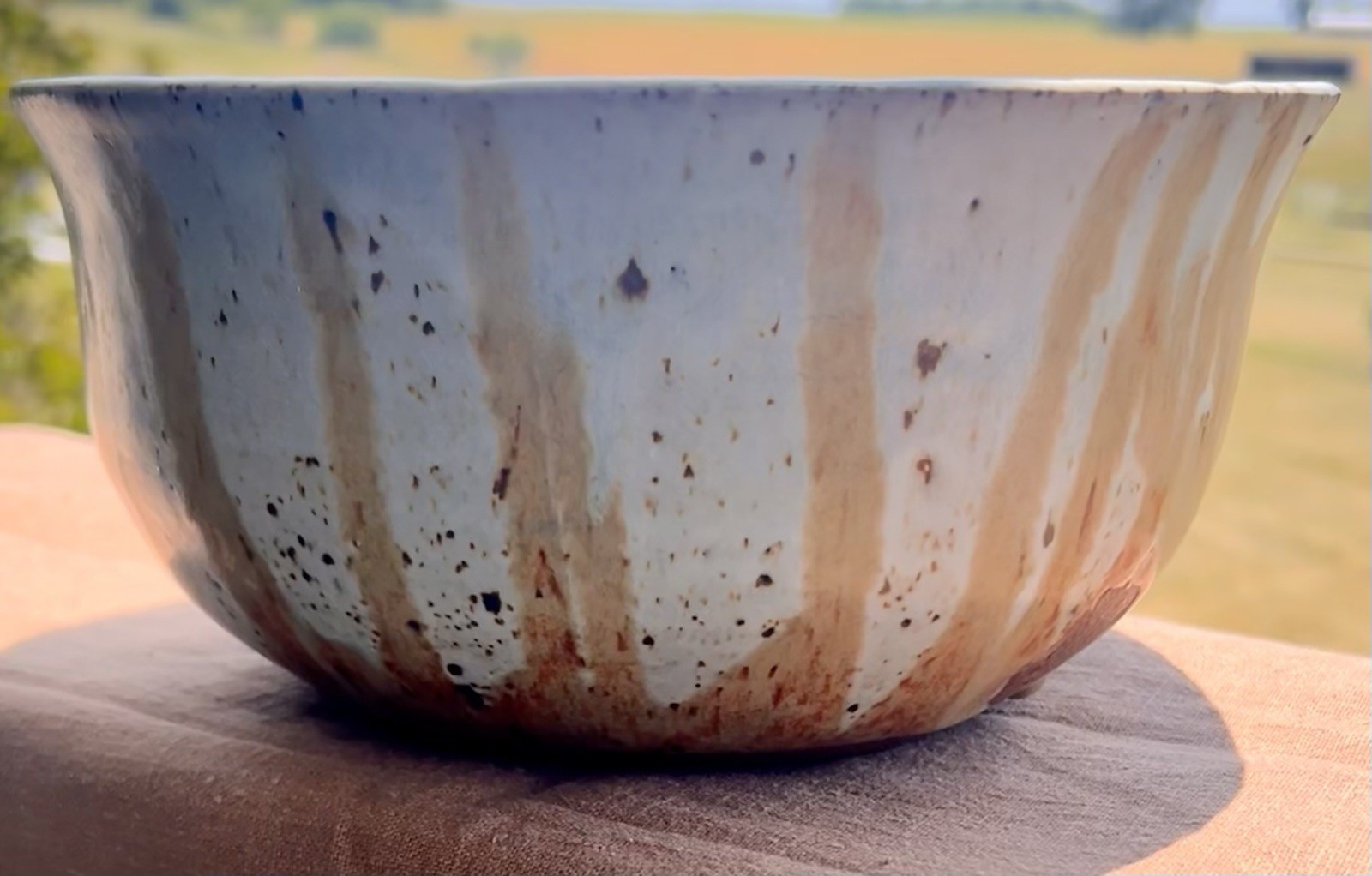 Artisan Handmade Stoneware Ceramic Serving Bowl Very Pale Blue w/Brown Speckling