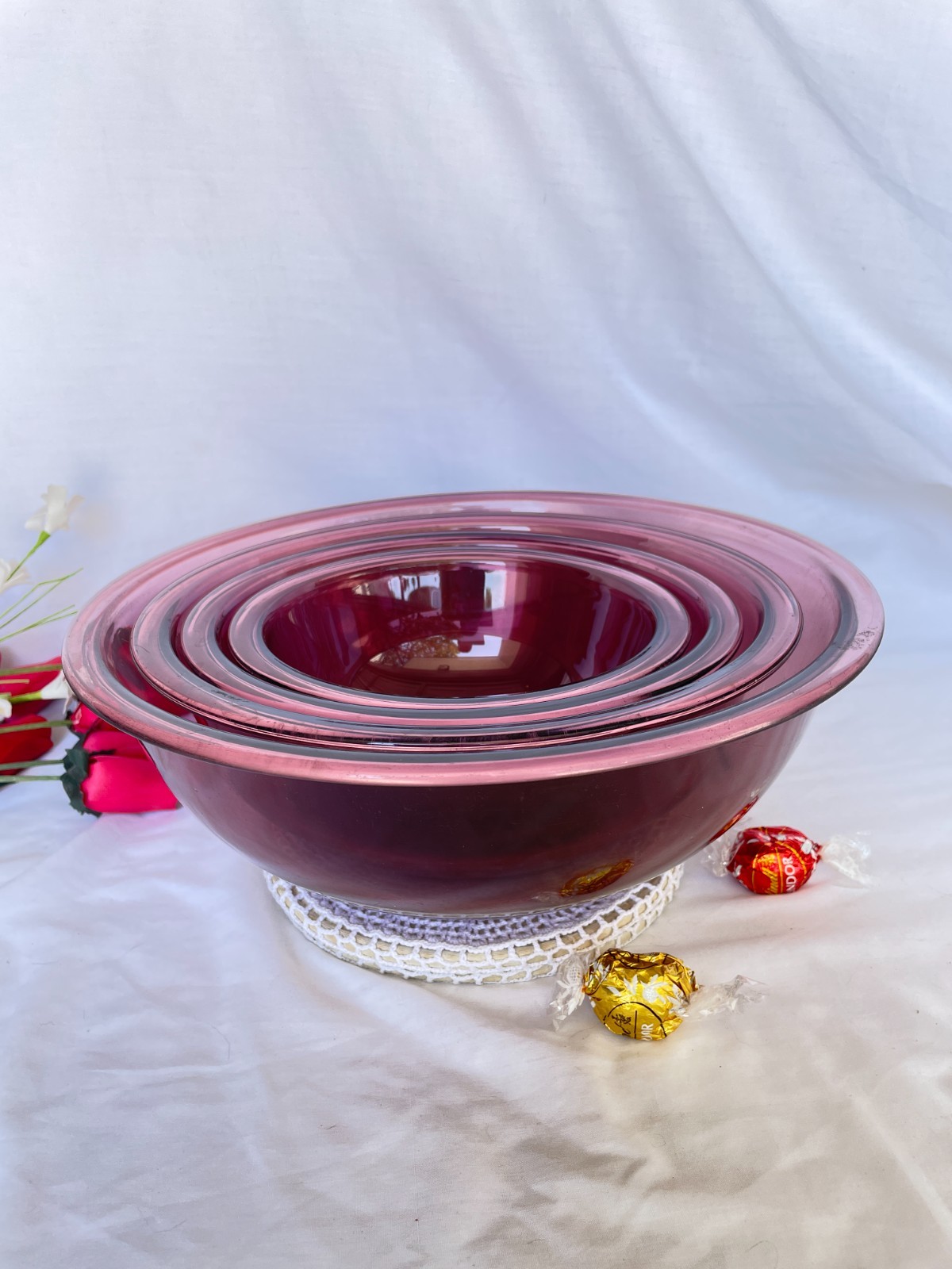 Set of 4 Corning Pyrex Mixing Bowls Cranberry Glass 1-1.5-2.5-4L 322 323 325 326