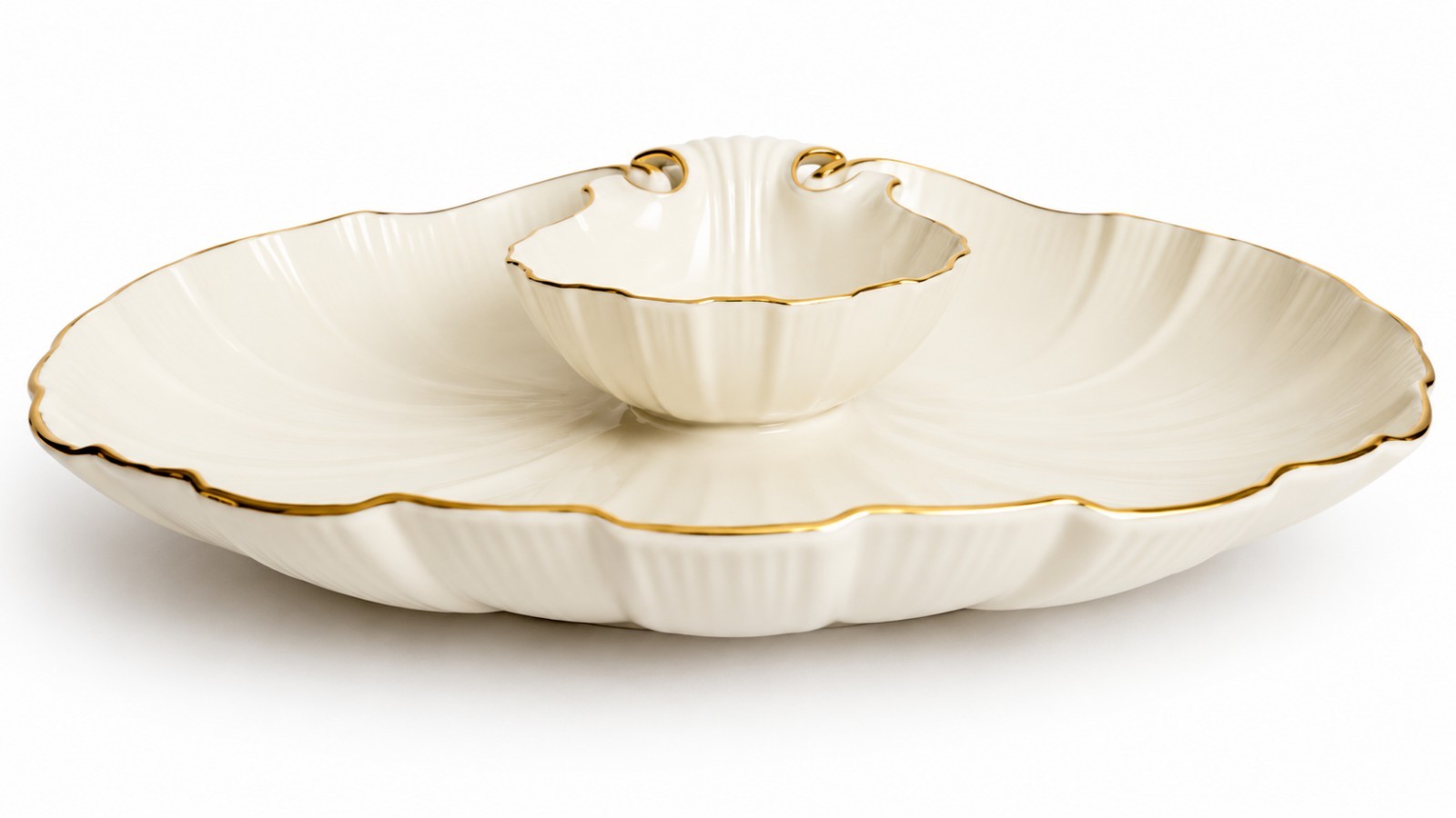 Vintage Lenox Aegean Double Shell Chip Dip Shrimp Serving Dish 24K Gold USA 12″