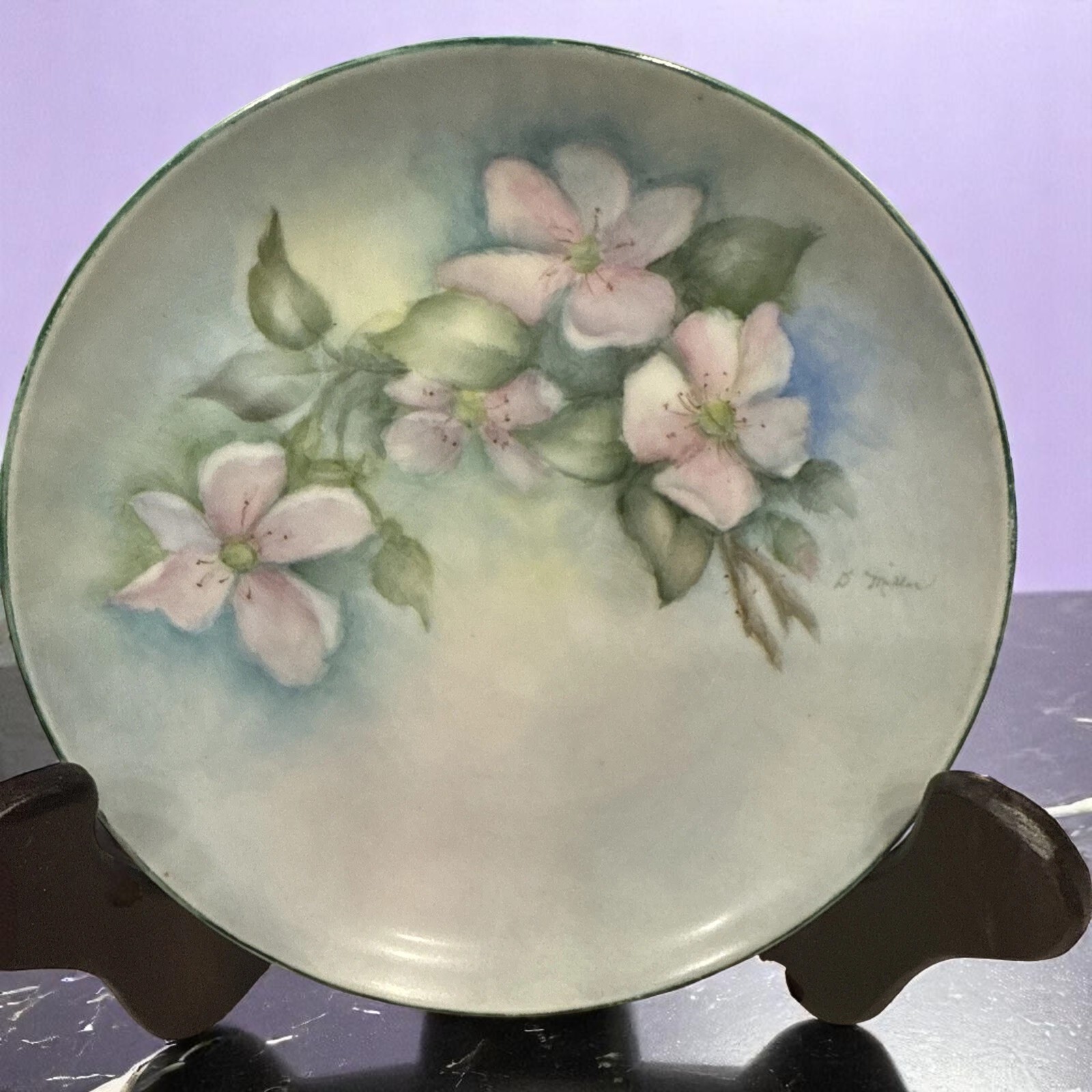 Soft Pink Floral Plate Signed by D Miller 6.25 in