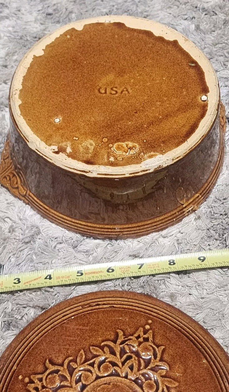 Vintage Light Brown Stoneware Lidded Bowl With Embossed design USA