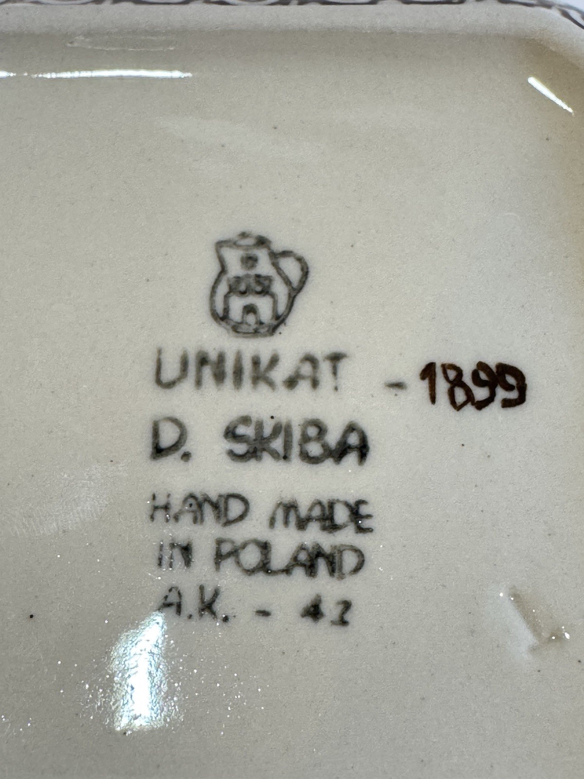 Unikat 1899 Poland Pottery Square Bowl Dish Seashell Waves 5″ D Skiba Hand Made
