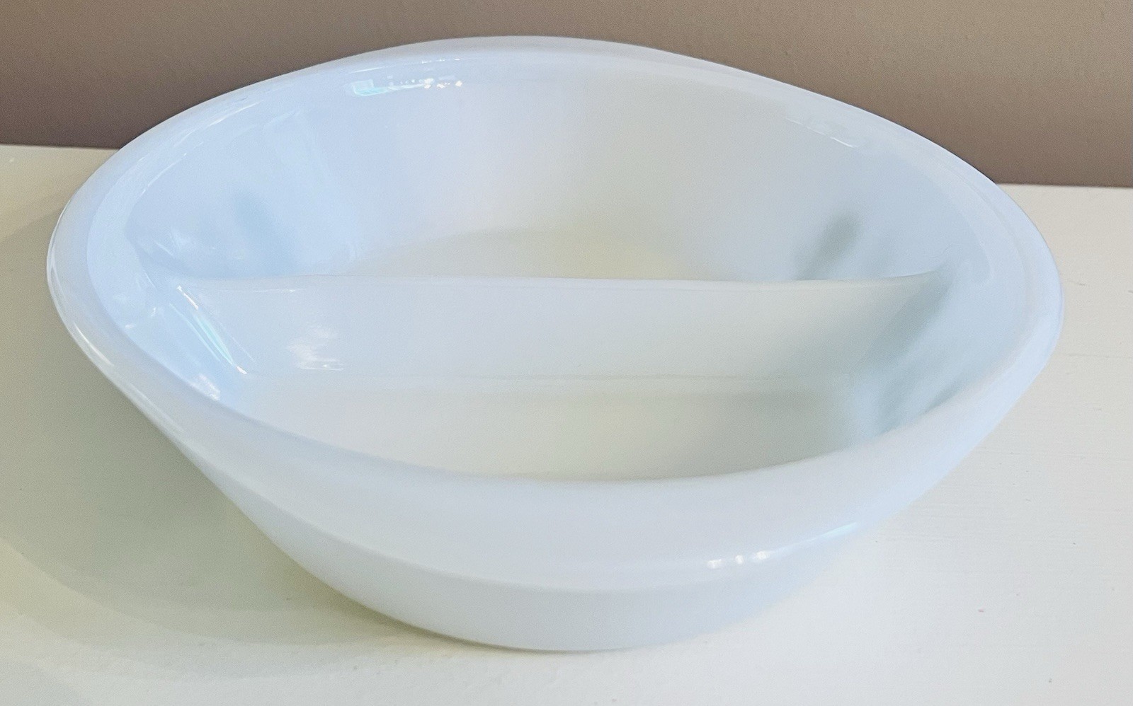 Milk  Glass   Divided  Dish  With   Green  Flower  Decoration