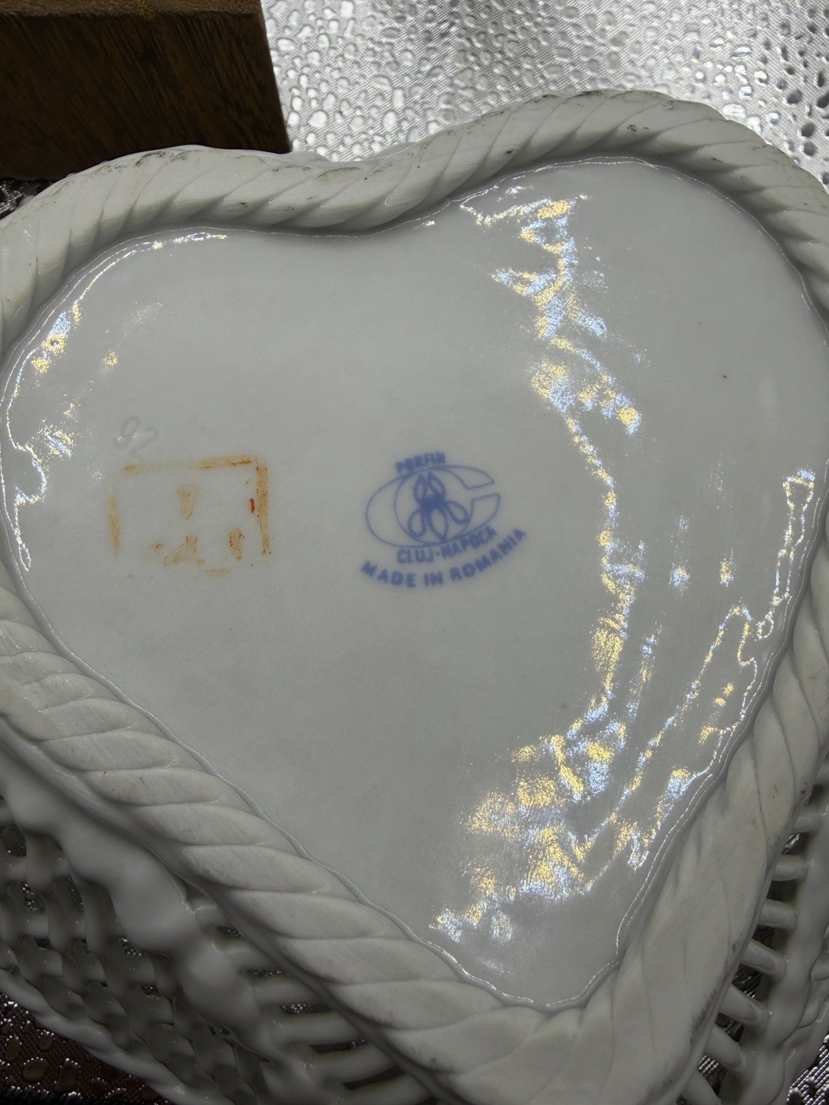 Vintage Heart Shaped Reticulated Porcelain Bowl Floral Gold Trim Romania