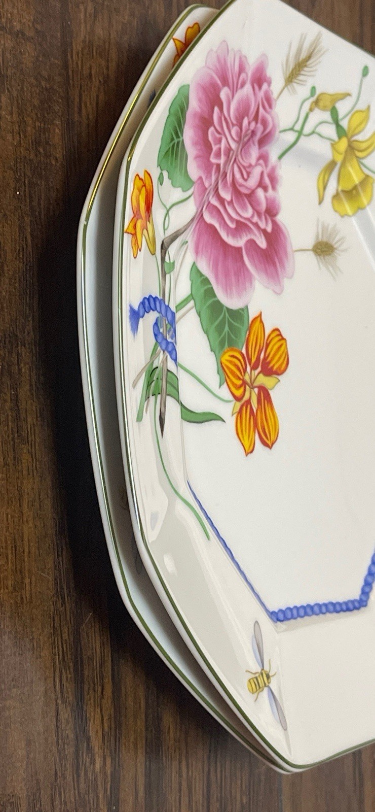 Set Of 2 Lynn Chase Flores 10” Dinner Plates W/ Blue Rope Motif,Flowers And Bee
