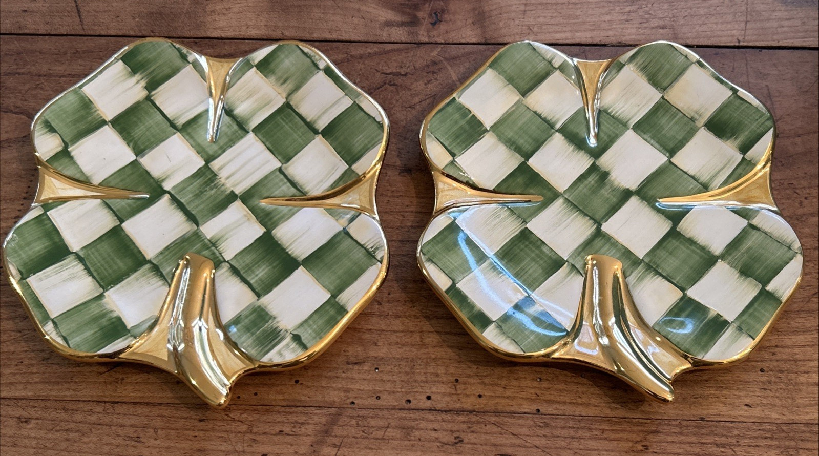 PAIR (2) MACKENZIE CHILDS SHAMROCK COURTLY LUCKY CHECK FOUR-LEAF CLOVER DISHES