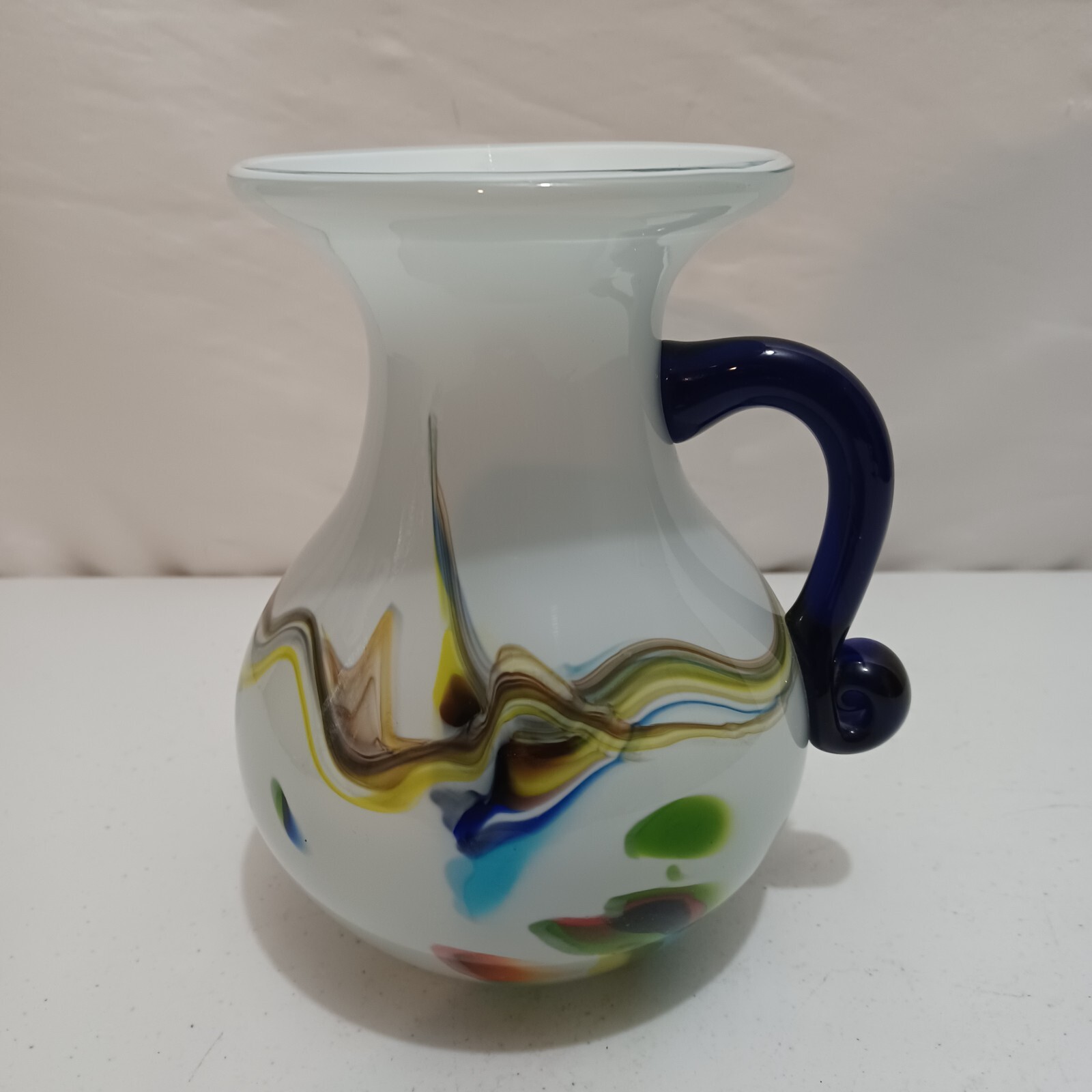 vintage venetian art glass pitcher white/yellow/cobalt blue 7″