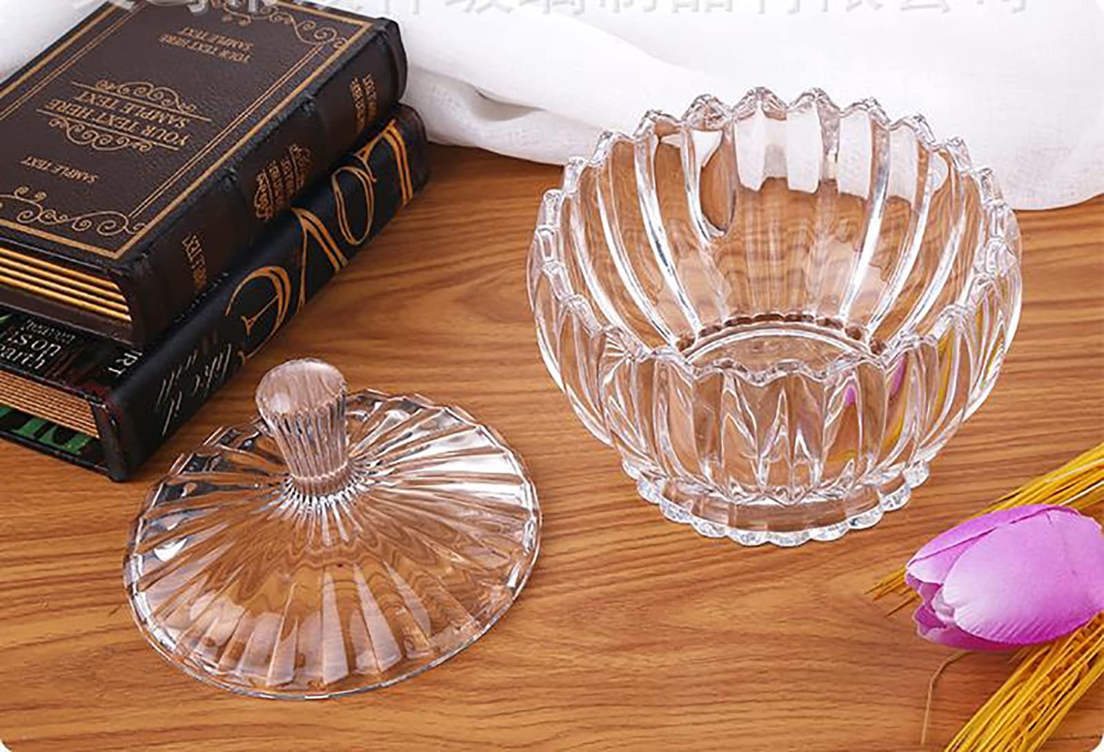Glass Candy Plate with Cover, Crystal Candy Bowl, Fruit Plate, Decorative Bow…