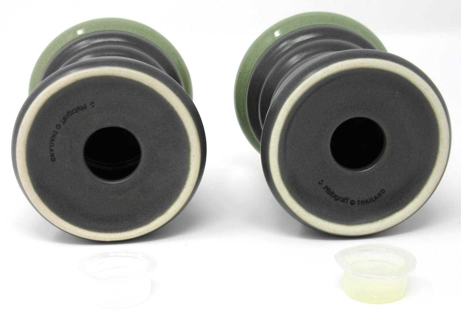 Pfaltzgraff Sphere Salt & Pepper Shaker Set charcoal grey w/ olive green & white
