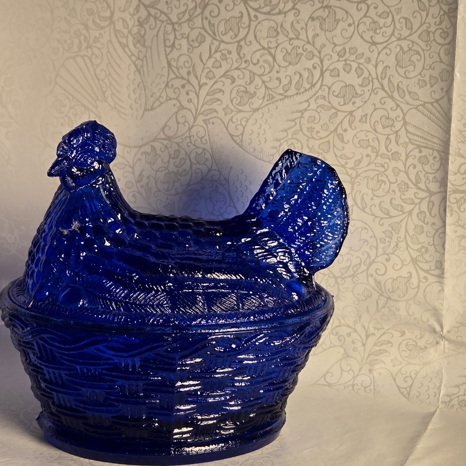 Hen on Nest Chicken Cobalt Blue Glass Style Dish 6 In Cottage Core Grandma Core