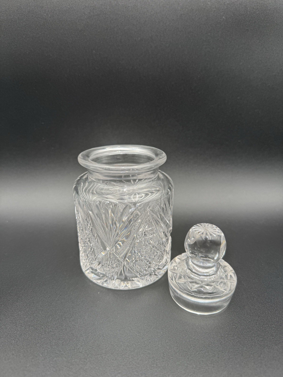 American Brilliant Period Style Cut Glass Crystal Biscuit Jar Hobstar Lidded