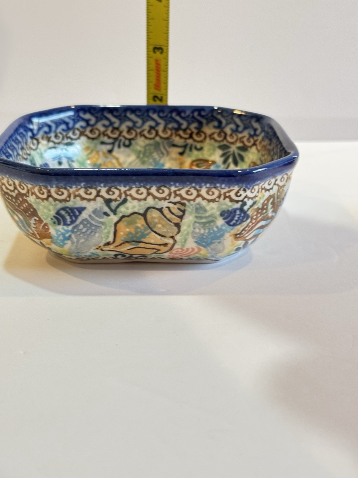 Unikat 1899 Poland Pottery Square Bowl Dish Seashell Waves 5″ D Skiba Hand Made