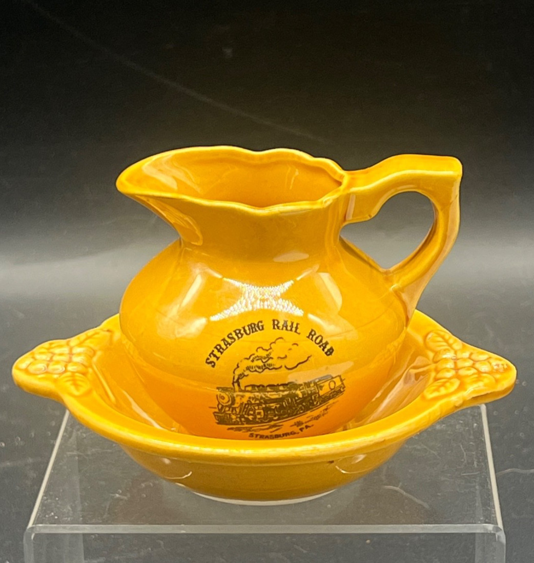 Mini Yellow Glazed Pottery Creamer Pitcher Saucer Strasburg PA Railroad Souvenir