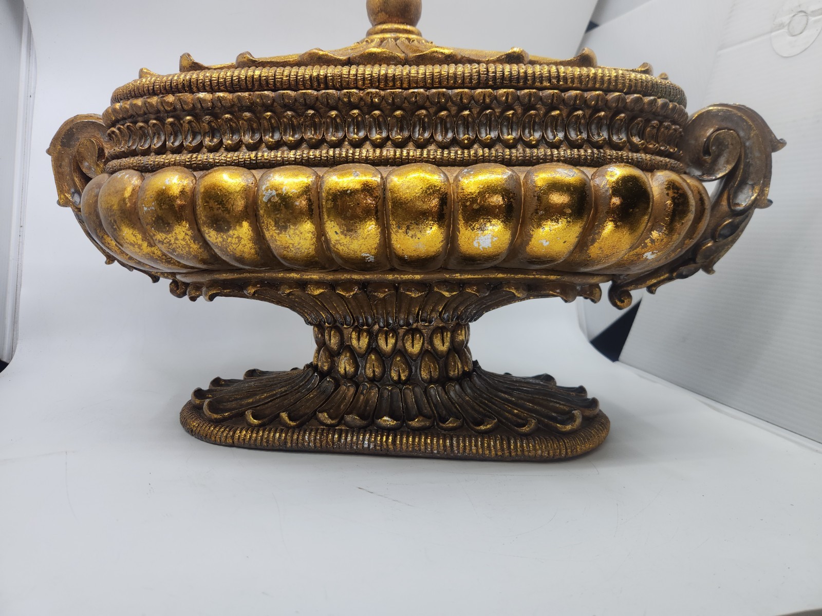 Large Hollywood Regency Gold Covered Tureen Urn Centerpiece Pedestal Bowl 21″