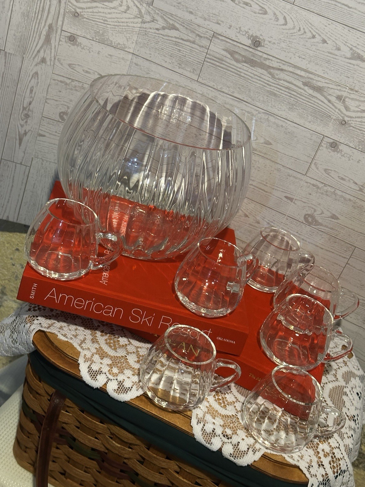 A Krosno glass punch bowl with matching handled cups.