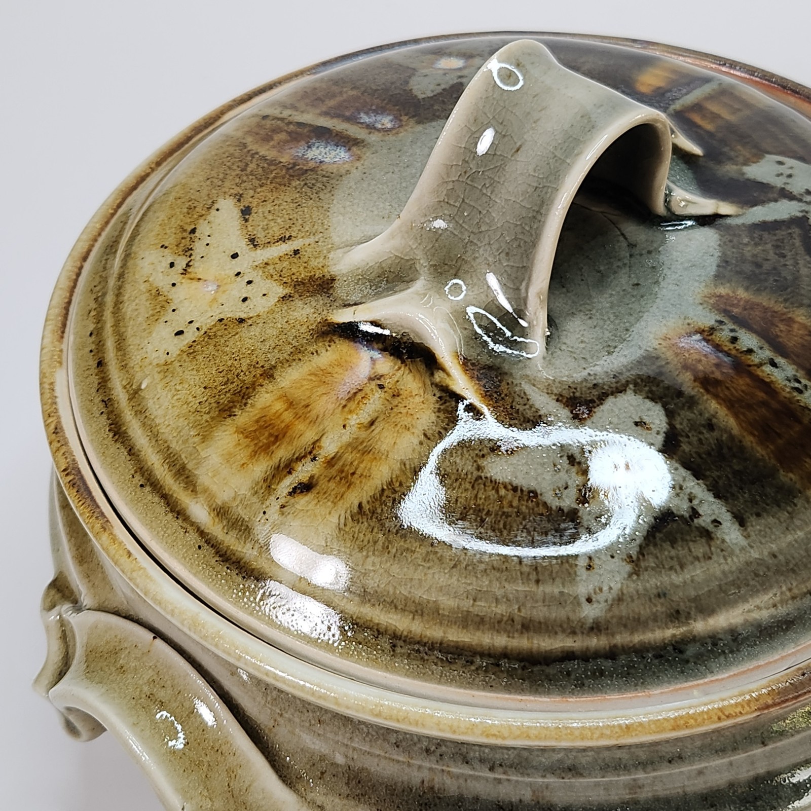 Studio Art Pottery Handmade Glossy Crackle Glaze Ceramic Lidded Casserole Dish