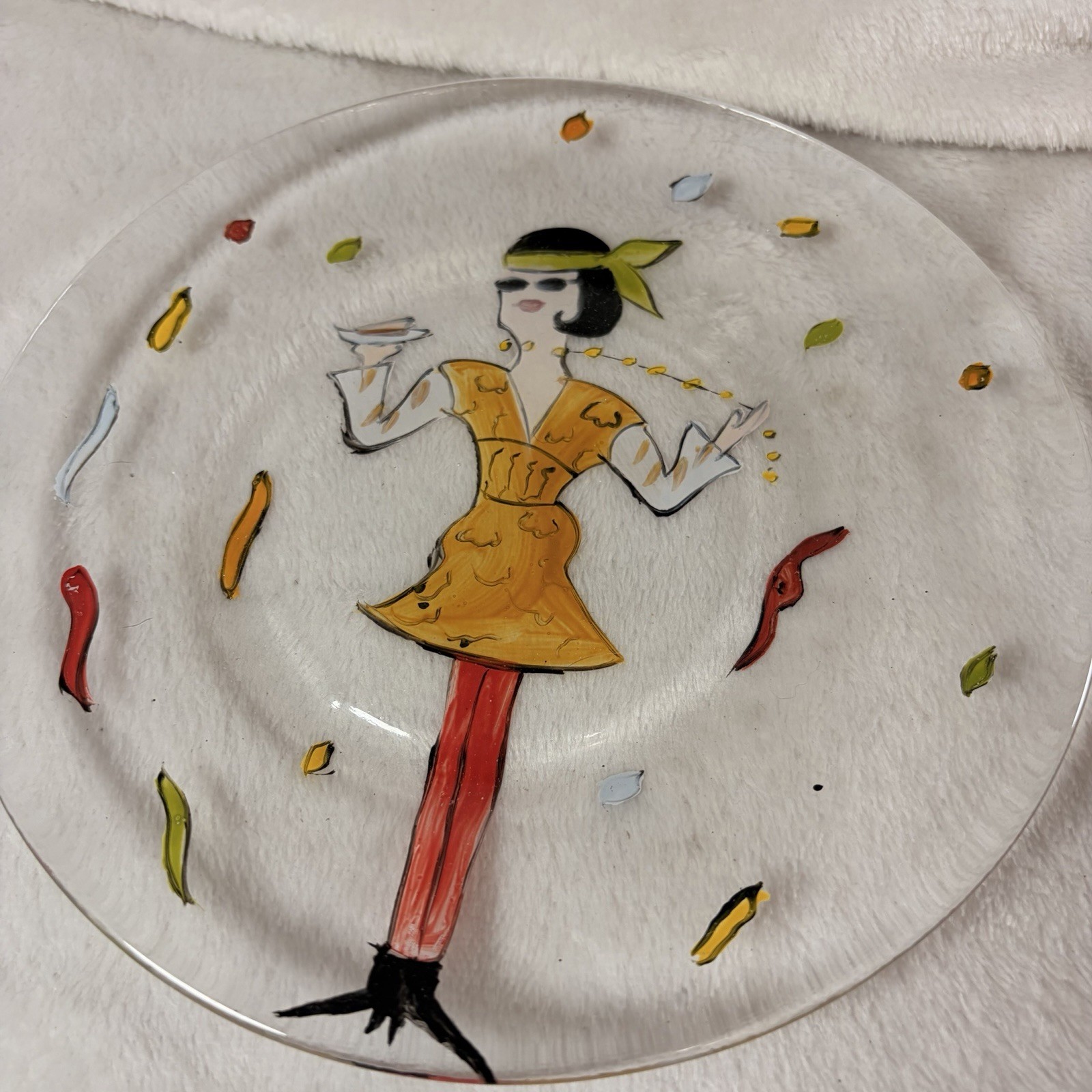 Vintage Judie Bomberger Party Girls Glass Plates Set of 2 Unsigned Folk Art 7.5″