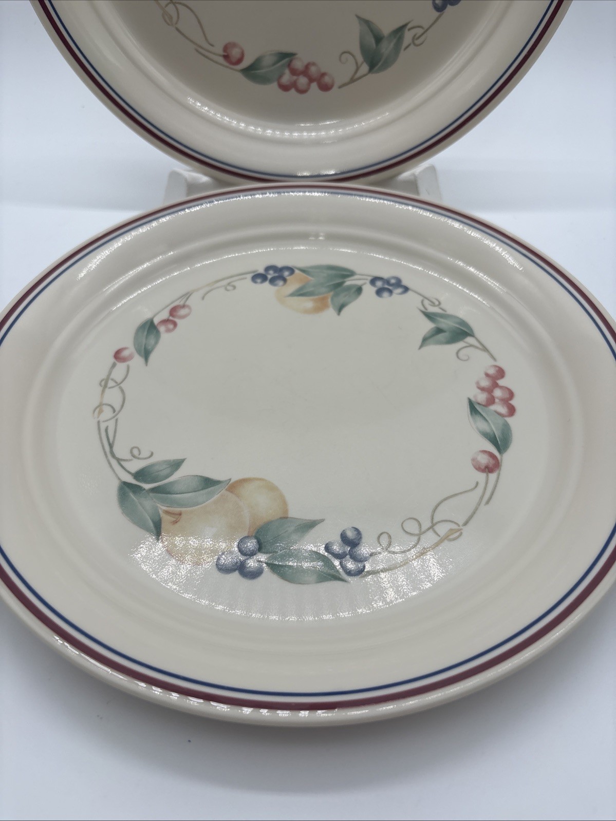 Set Of 4 Corelle ABUNDANCE 10 1/4 ” Dinner Plates Fruit Motif Striped Rim USA