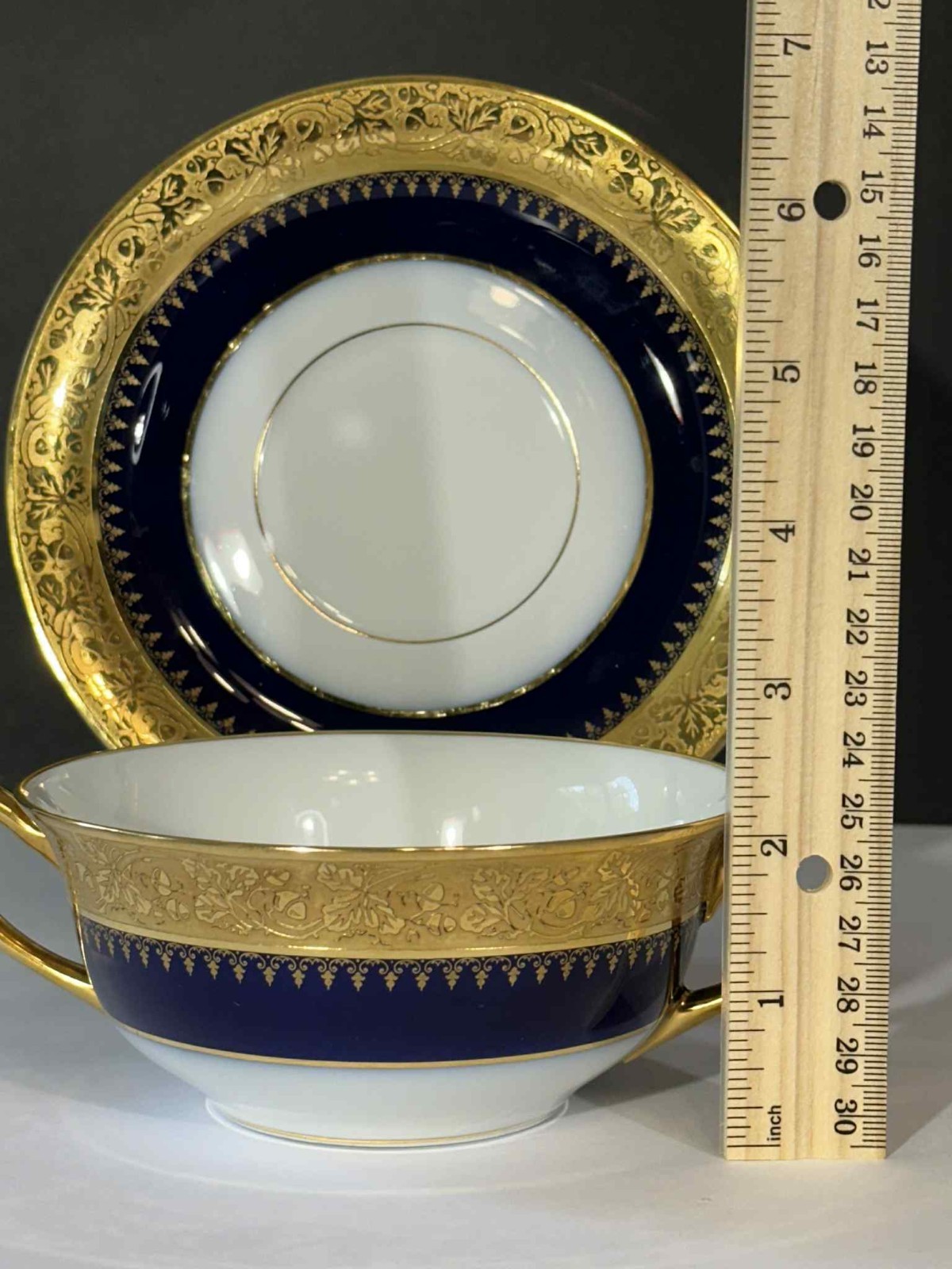 Antique P. Porschaud Limoges France Consommé Cup & Saucer Cobalt Blue Heavy Gilt