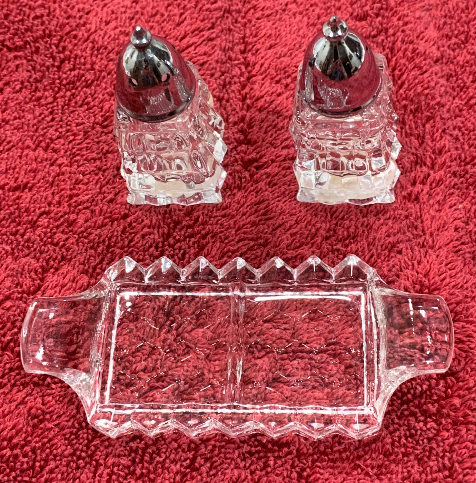 Vintage Fostoria American Clear Glass Mini Salt Pepper Shakers Tray Set Item 272