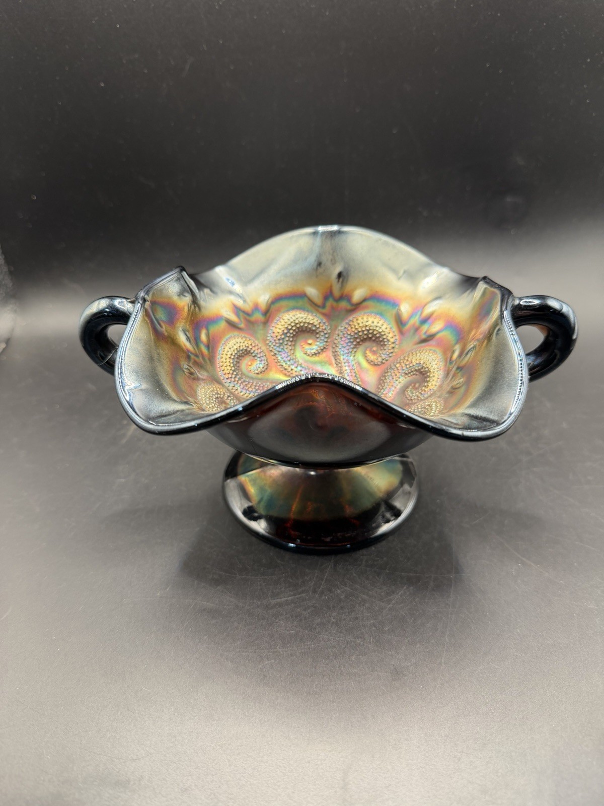 Vintage Dugan Glass Amethyst Carnival Glass Question Marks Bon Bon