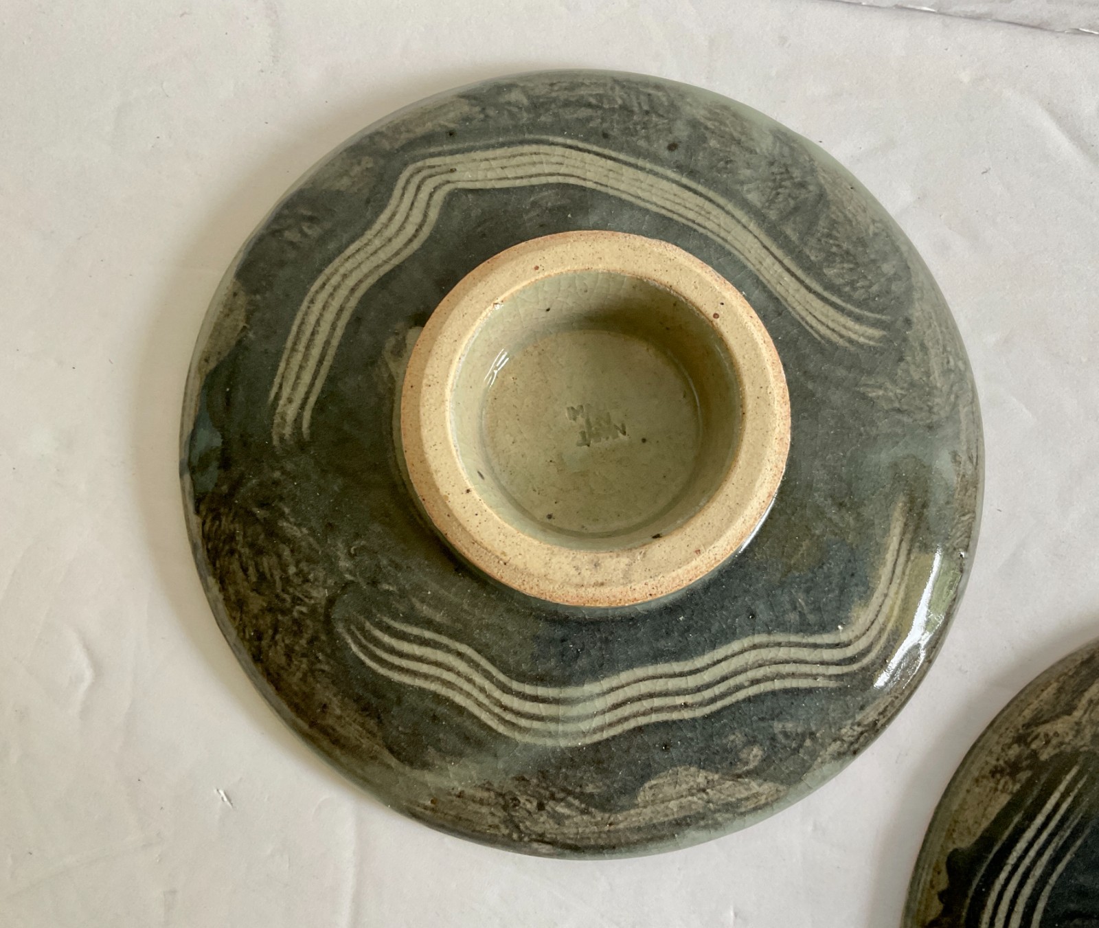 Vtg Somayaki Soma Ware Double Wall Bread Plates 5 1/2″D Green Crackle Set of 5